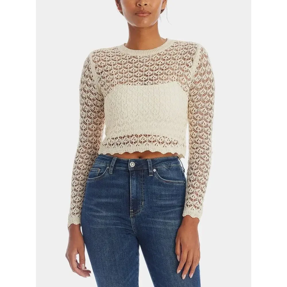 ASTR Cream Crochet Knitted High Neck Long Sleeve Pullover Crop Sweater Top XS